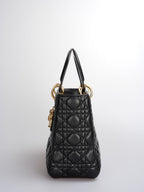 Christian Dior Black Medium Lady Dior Bag in Cannage Lambskin Leather with Gold Hardware