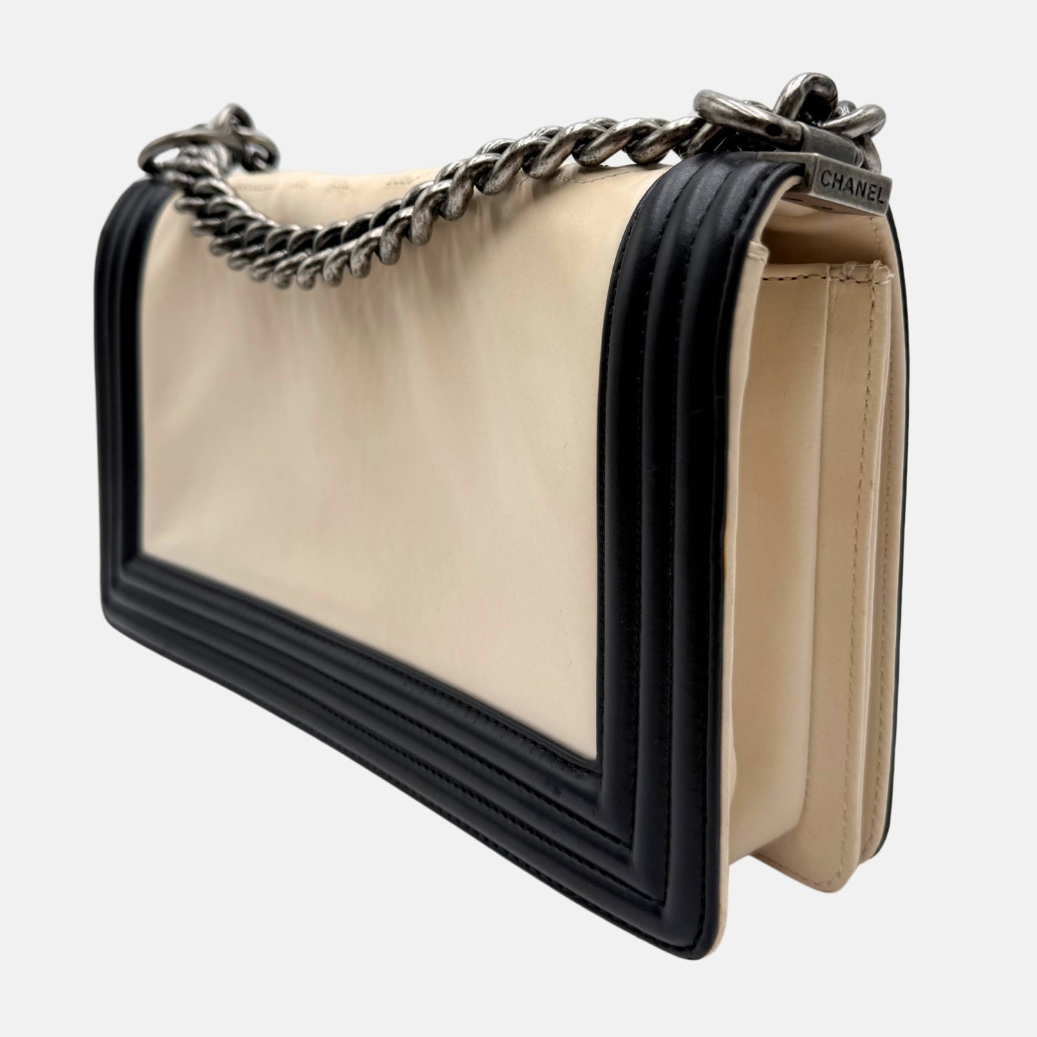 Boy Bag Black and Cream Leather Medium