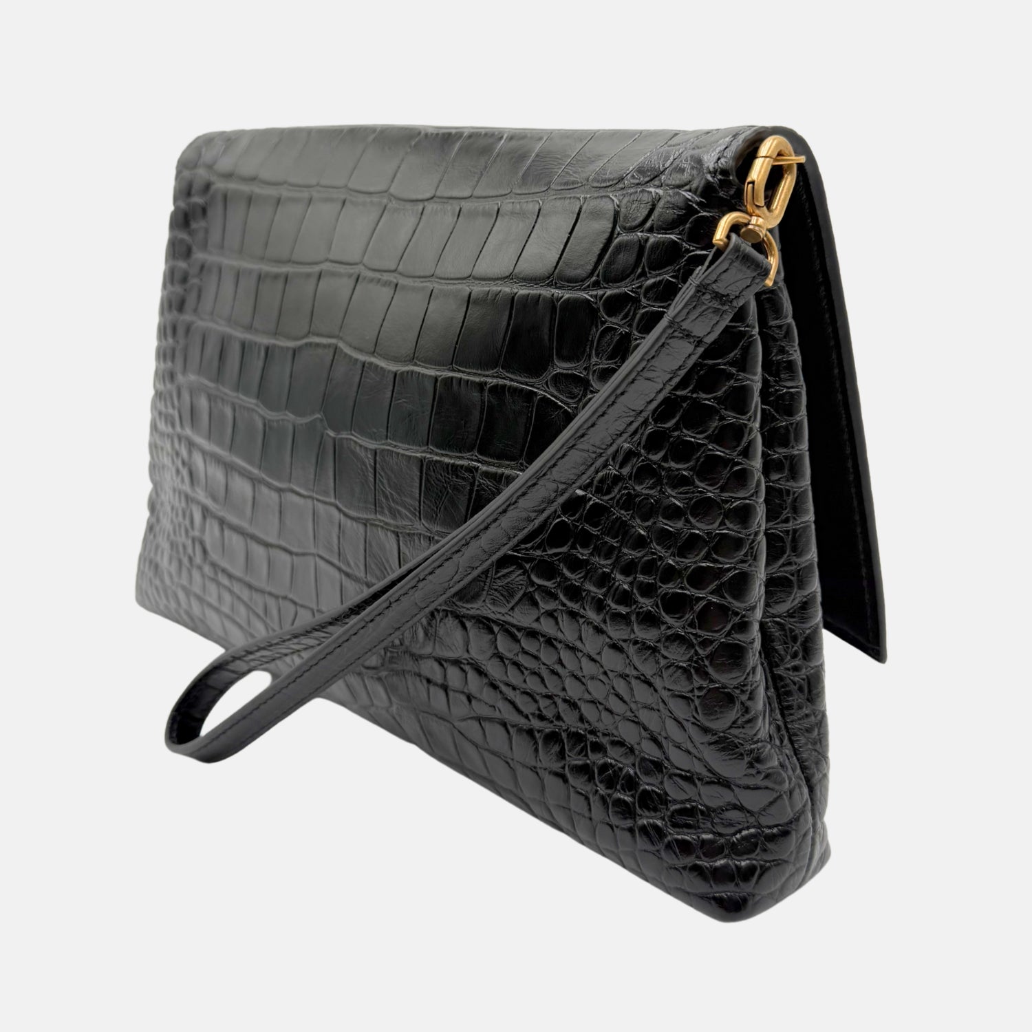Crush Pouch Black Embossed Crocodile Medium