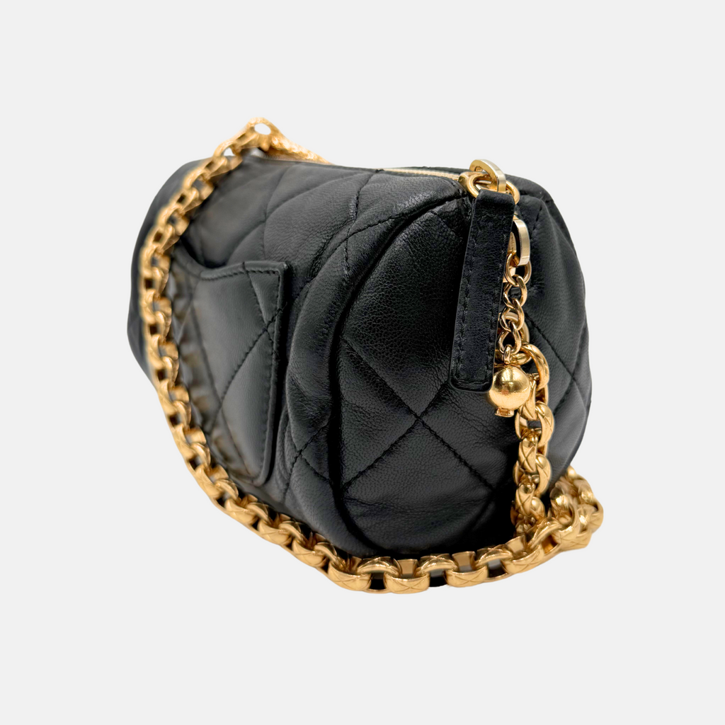 Pearl CC Medallion Chain Mini Bowling Bag Black Quilted Lambskin