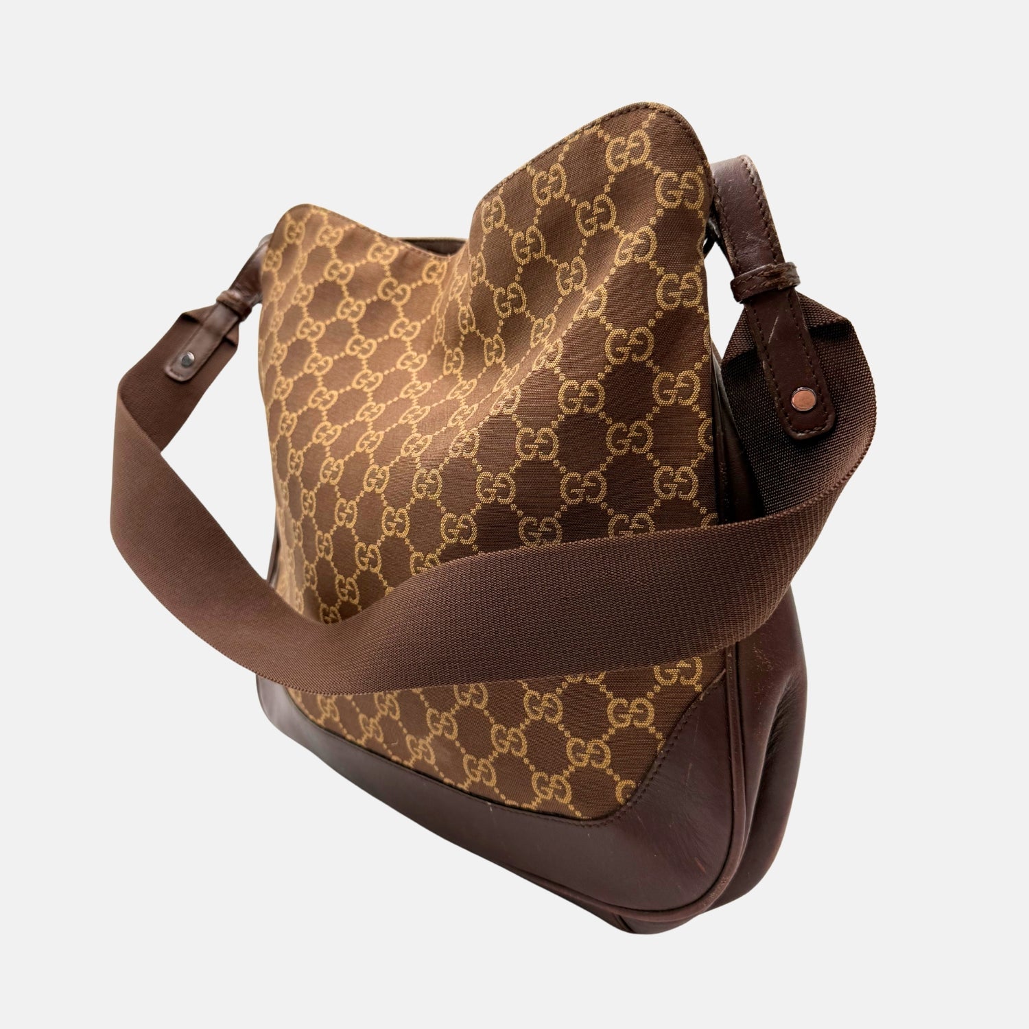 Shoulder Bag Brown Canvas with Bamboo Handle