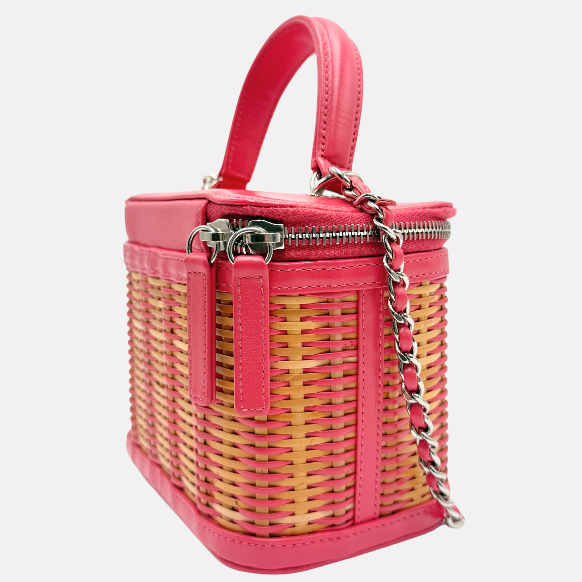 Small Take Away Vanity Case Rattan and Pink Calfskin