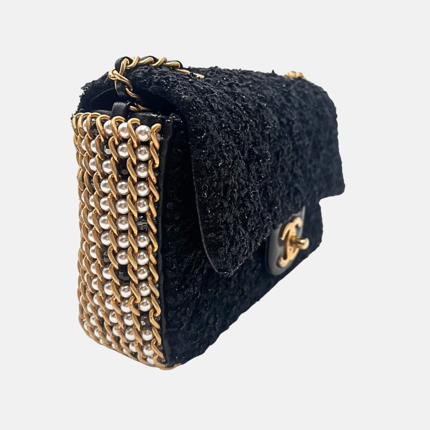 Classic Flap Bag Black Bouclé Tweed with Pearl Details