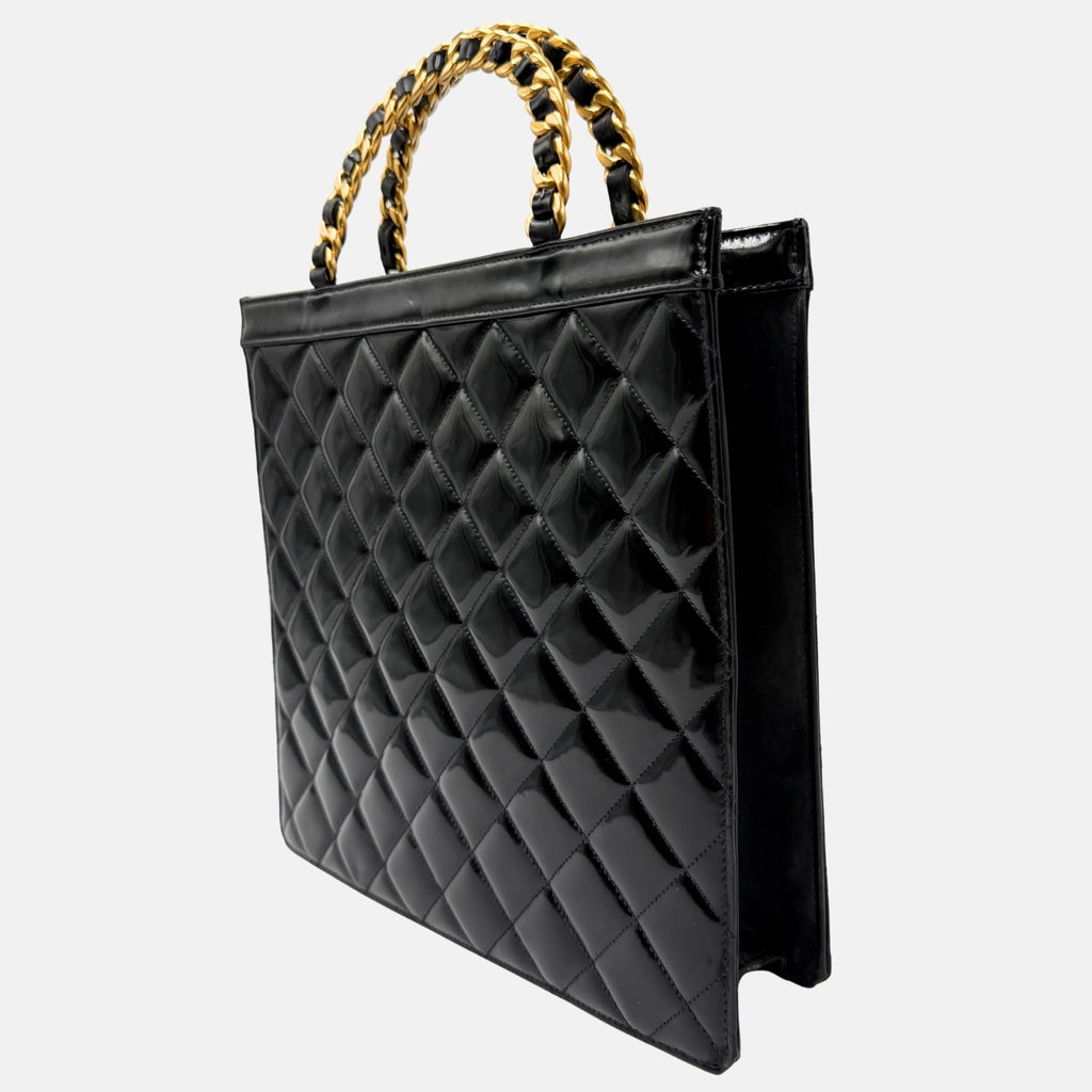 Tote Bag Black Patent Quilted Leather Chain Handles