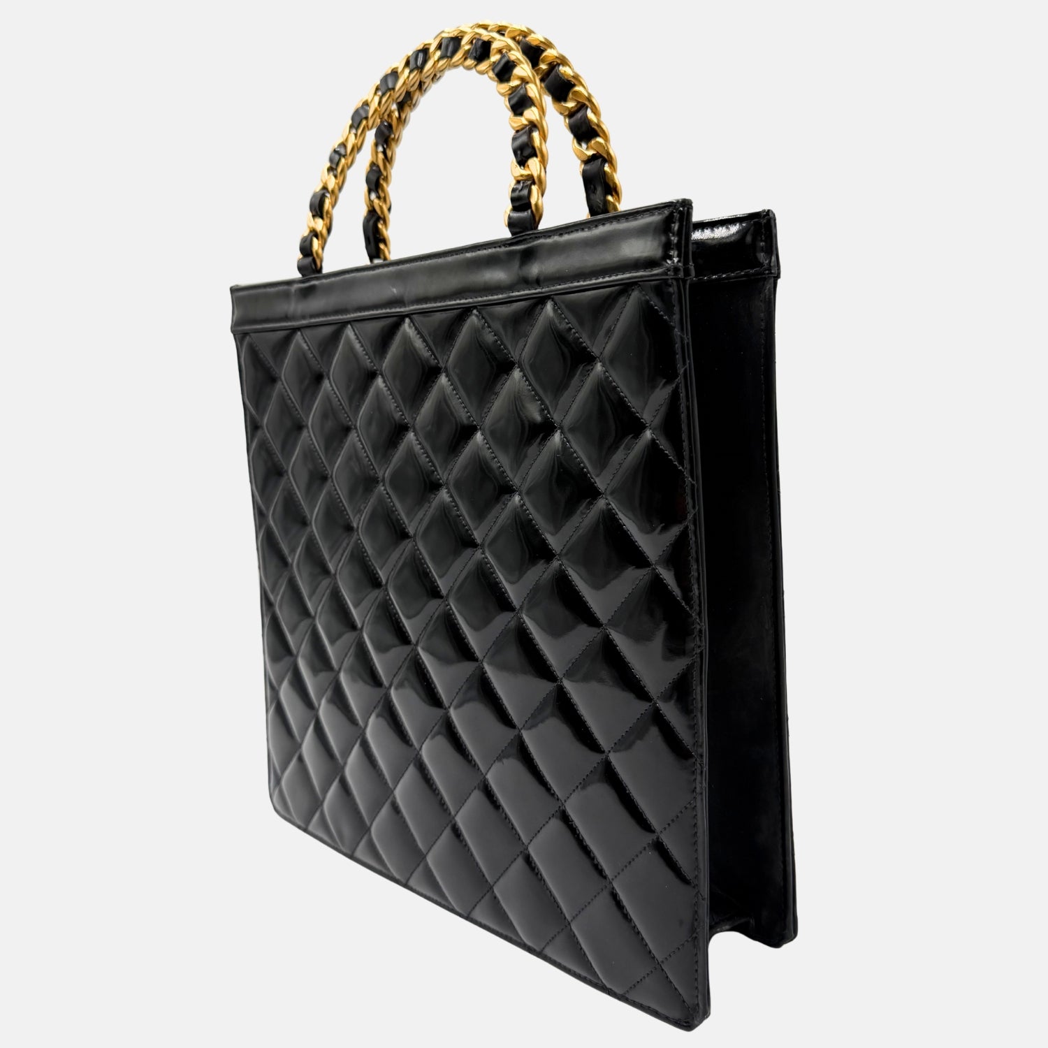 Tote Bag Black Patent Quilted Leather Chain Handles