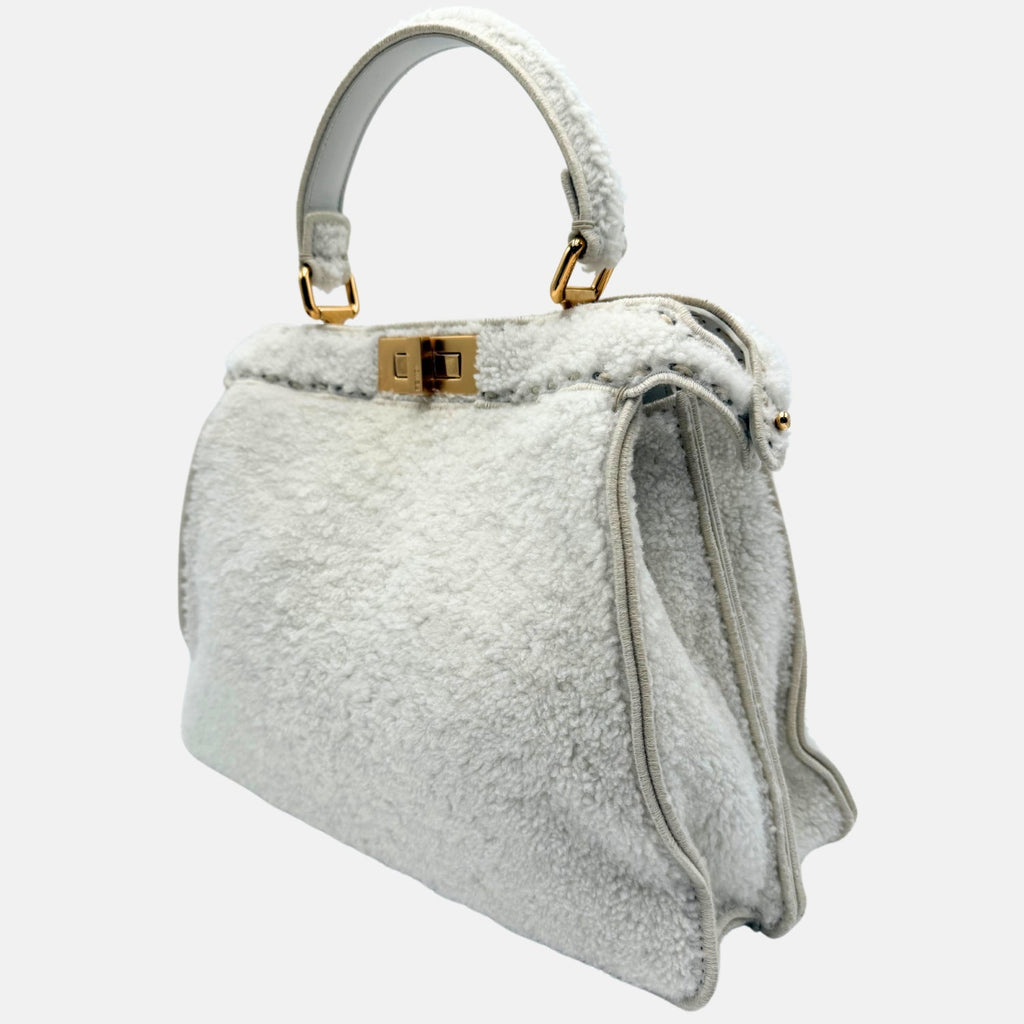 Peekaboo Medium Top Handle Bag White Shearling and Leather