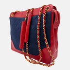 Tote Navy Velour and Red Leather Vintage