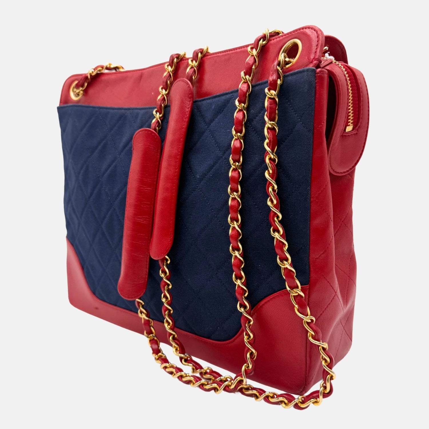 Tote Navy Velour and Red Leather Vintage