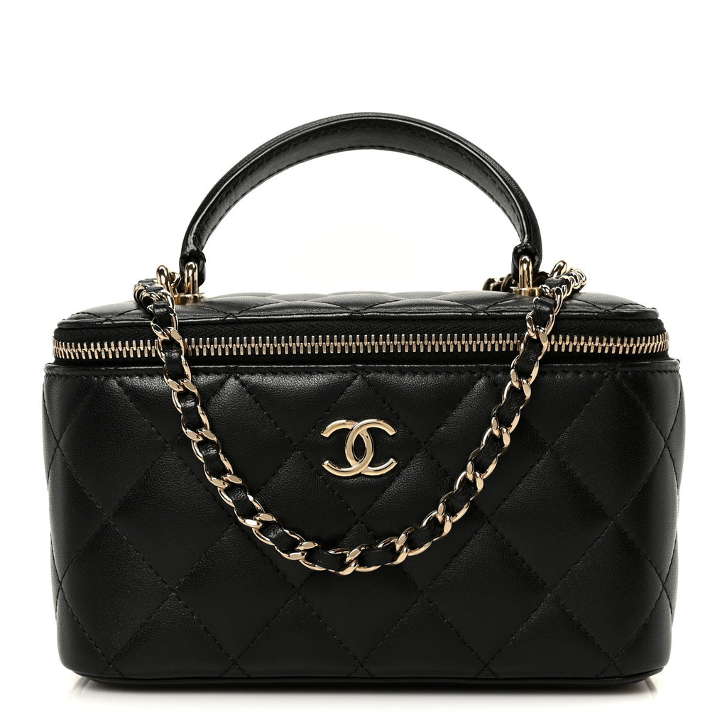 Lambskin Quilted Small Top Handle Vanity Case With Chain Black