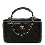 Lambskin Quilted Small Top Handle Vanity Case With Chain Black