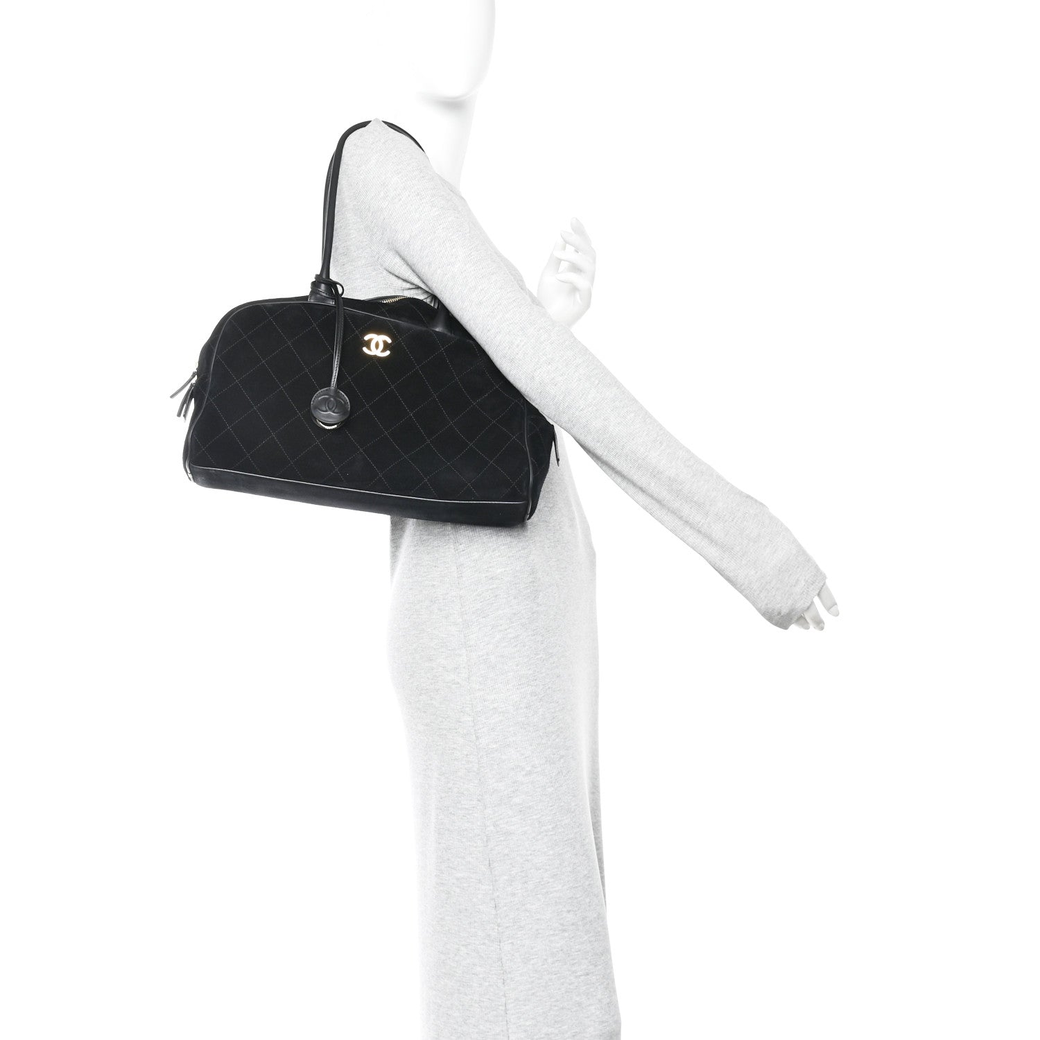 Suede Calfskin Large Perfect Bowling Bag Black