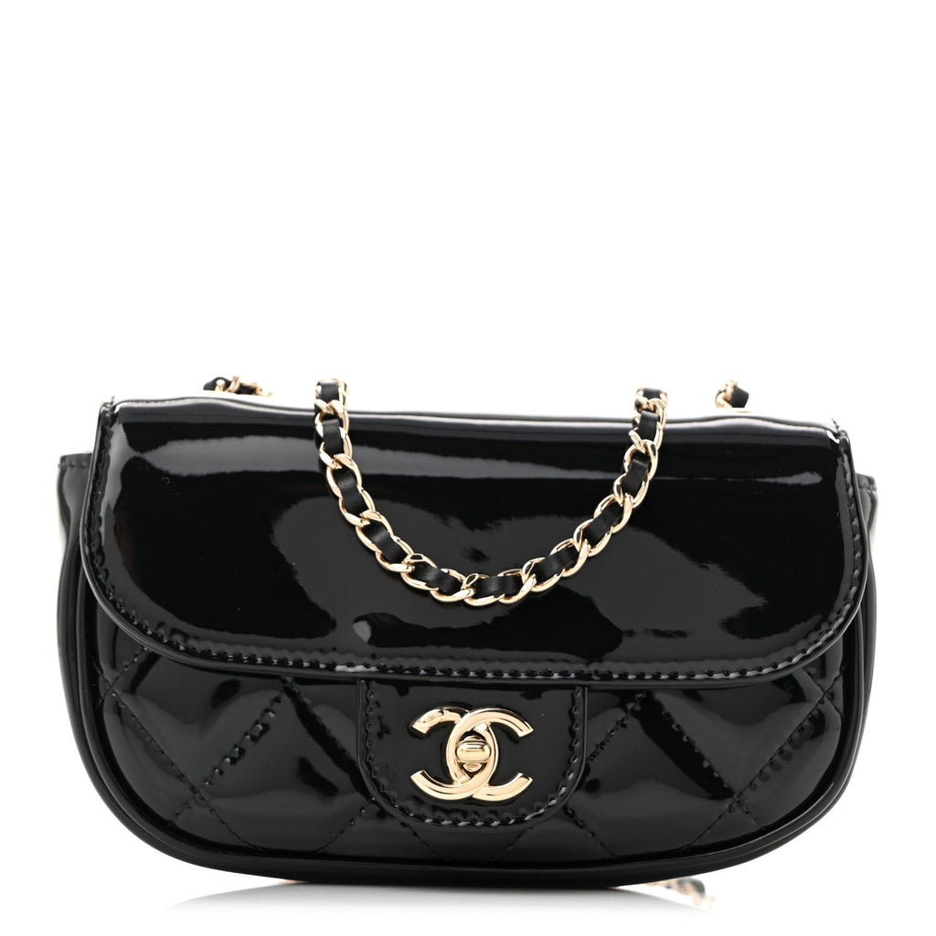 Patent Calfskin Quilted Mini Clutch Black