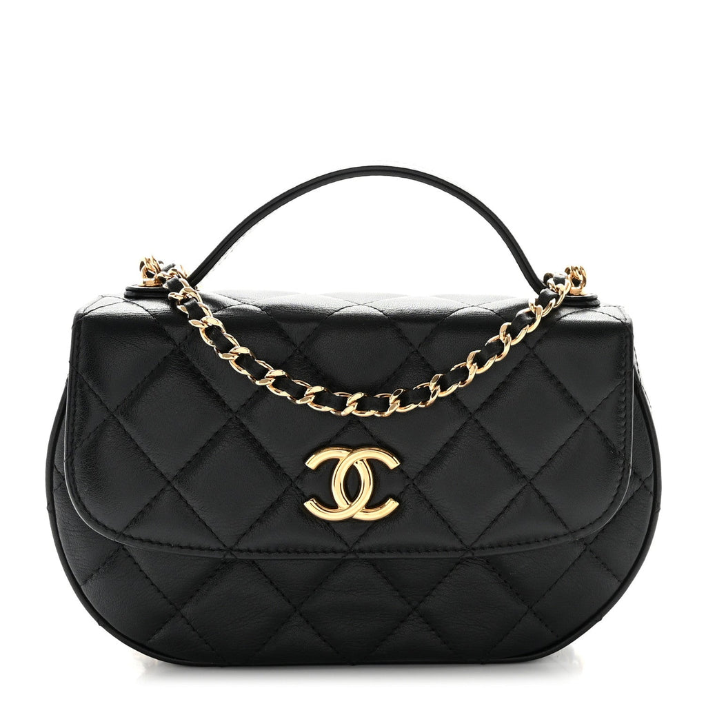 Shiny Aged Calfskin Quilted Top Handle Clutch With Chain Black