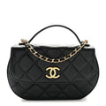 Shiny Aged Calfskin Quilted Top Handle Clutch With Chain Black