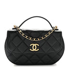 Shiny Aged Calfskin Quilted Top Handle Clutch With Chain Black