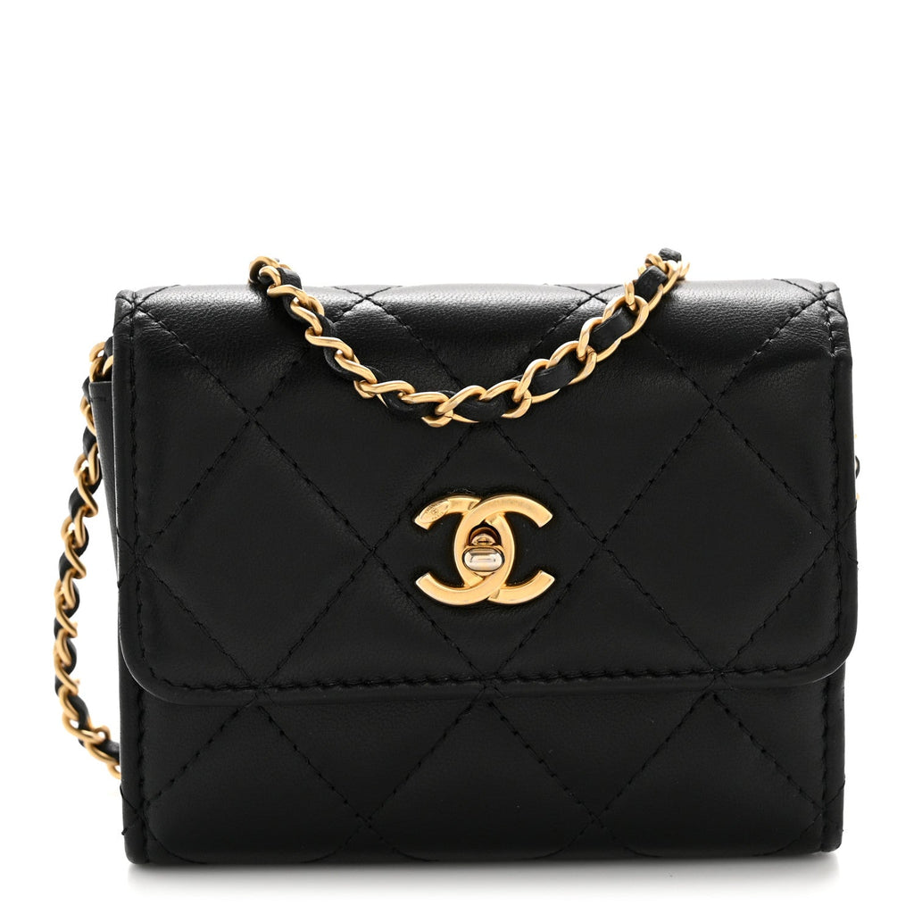 Lambskin Quilted Pearl Crush Clutch With Chain Black