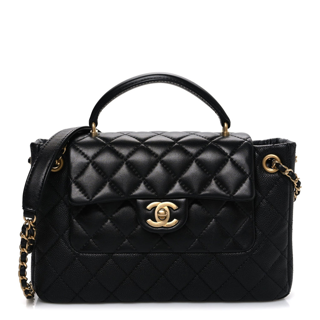 Caviar Calfskin Quilted Small Top Handle Flap Black