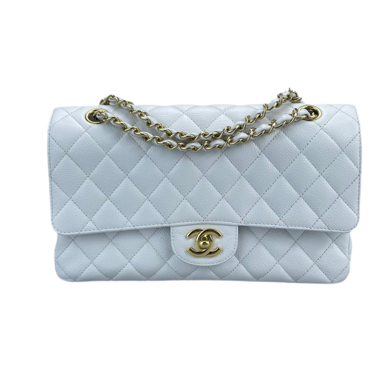 Chanel Medium White Classic Flap Bag in Caviar Leather with Gold Hardware