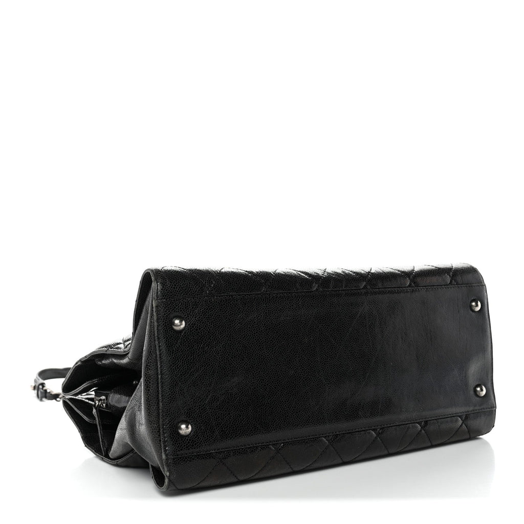 Crumpled Grained Calfskin Quilted CC Crave Tote Black