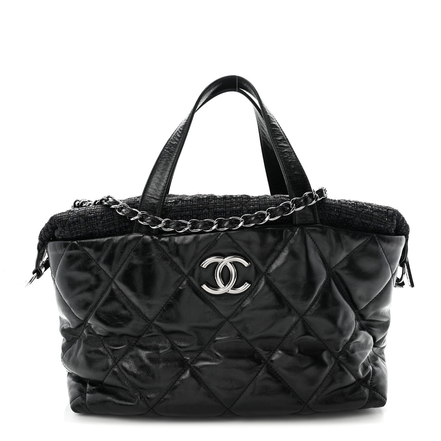 Glazed Calfskin Quilted Tweed Portobello Tote Black
