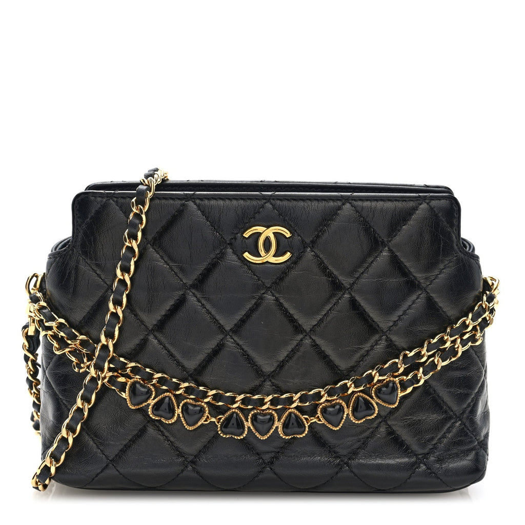 Shiny Crumpled Calfskin Quilted Clutch With Chain Black