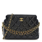 Shiny Crumpled Calfskin Quilted Clutch With Chain Black