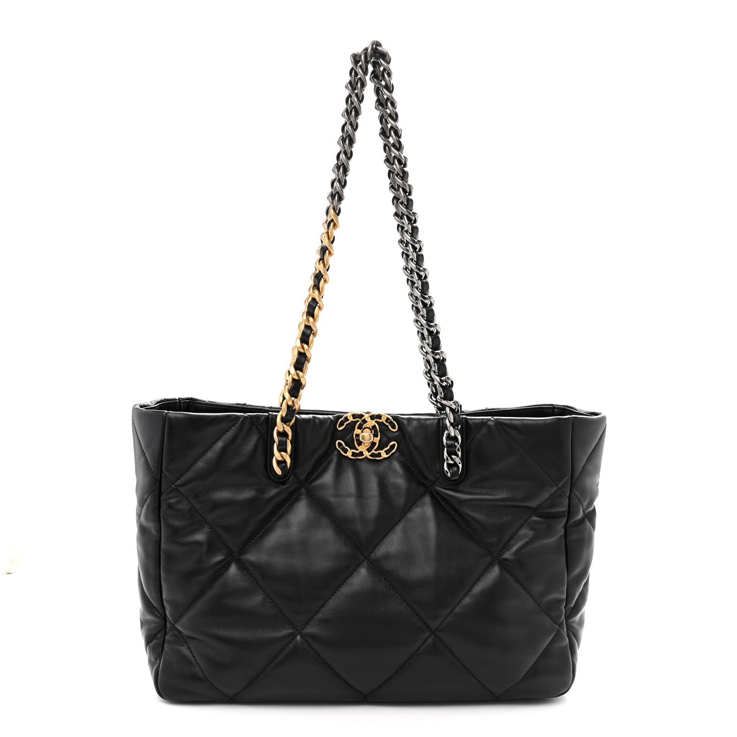 Lambskin Quilted Chanel 19 East West Shopping Bag Black