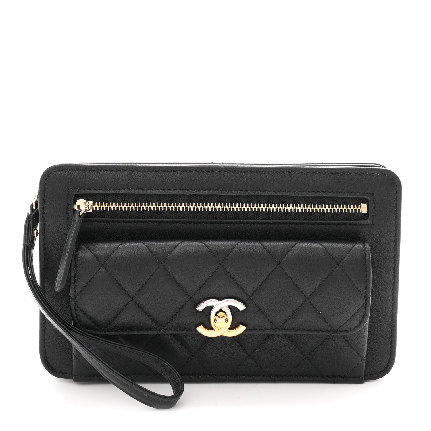Lambskin Quilted Front Pocket Wristlet Black
