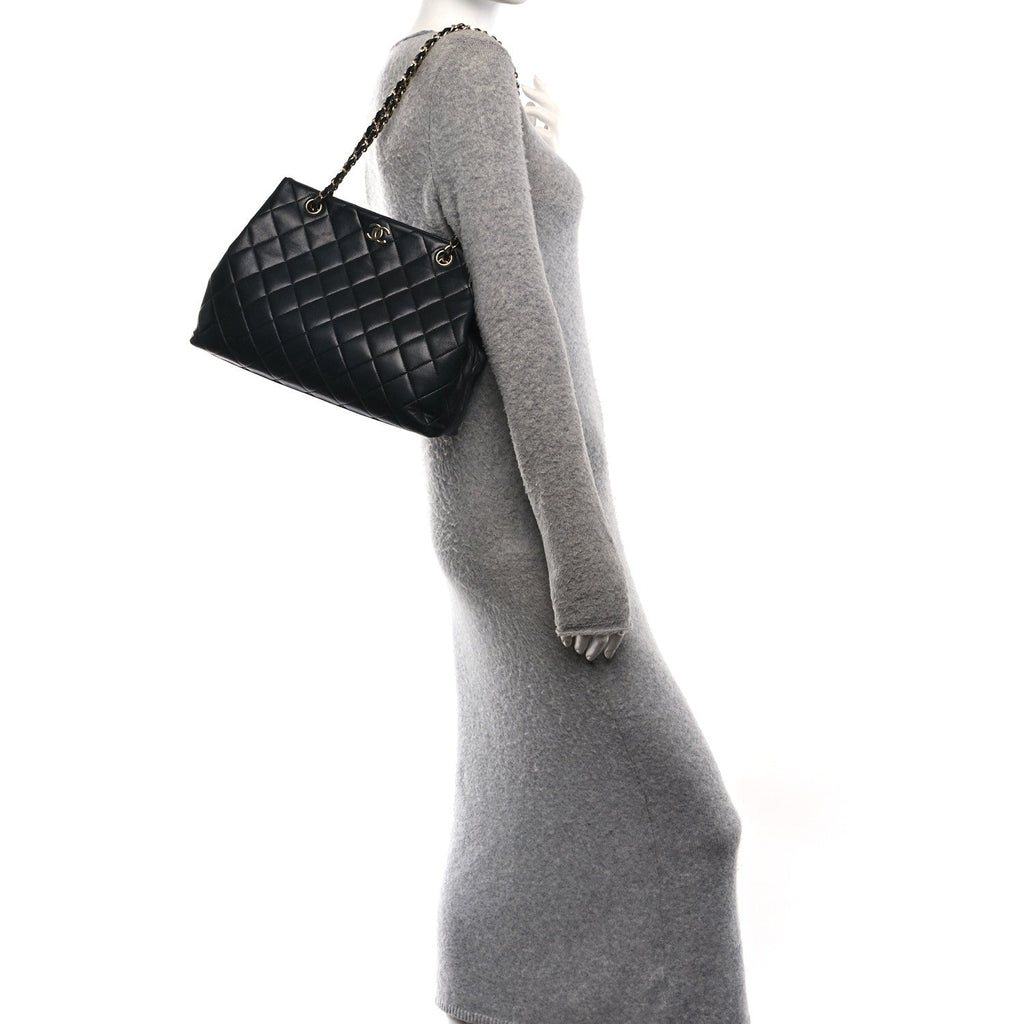 Lambskin Quilted Small Shopping Tote Black