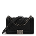 Calfskin Chevron Quilted Medium Boy Flap Black