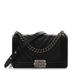 Calfskin Chevron Quilted Medium Boy Flap Black