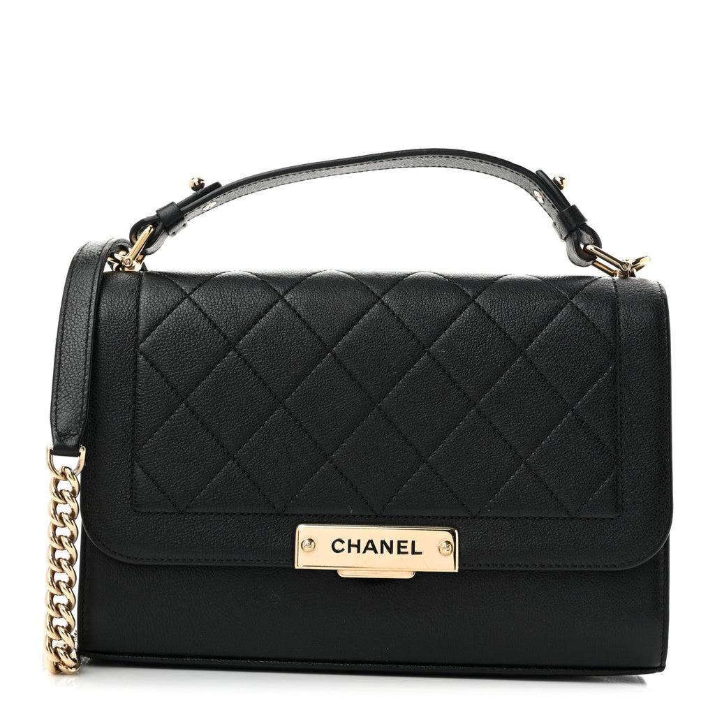 Grained Calfskin Quilted Medium Label Click Flap Bag Black