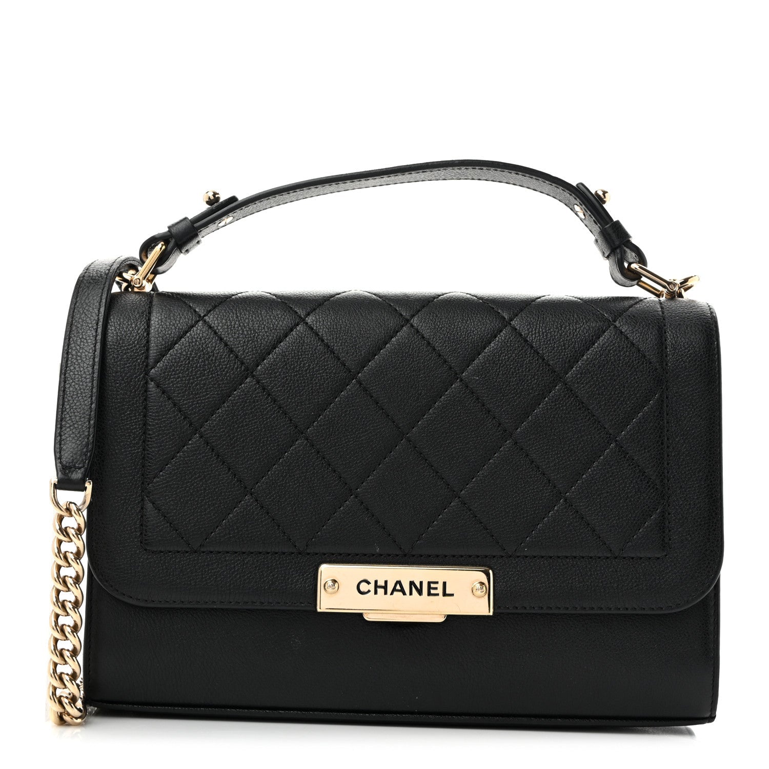 Grained Calfskin Quilted Medium Label Click Flap Bag Black