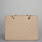 Chanel Beige Grand Shopping Tote GST Bag in Caviar Leather with gold Hardware