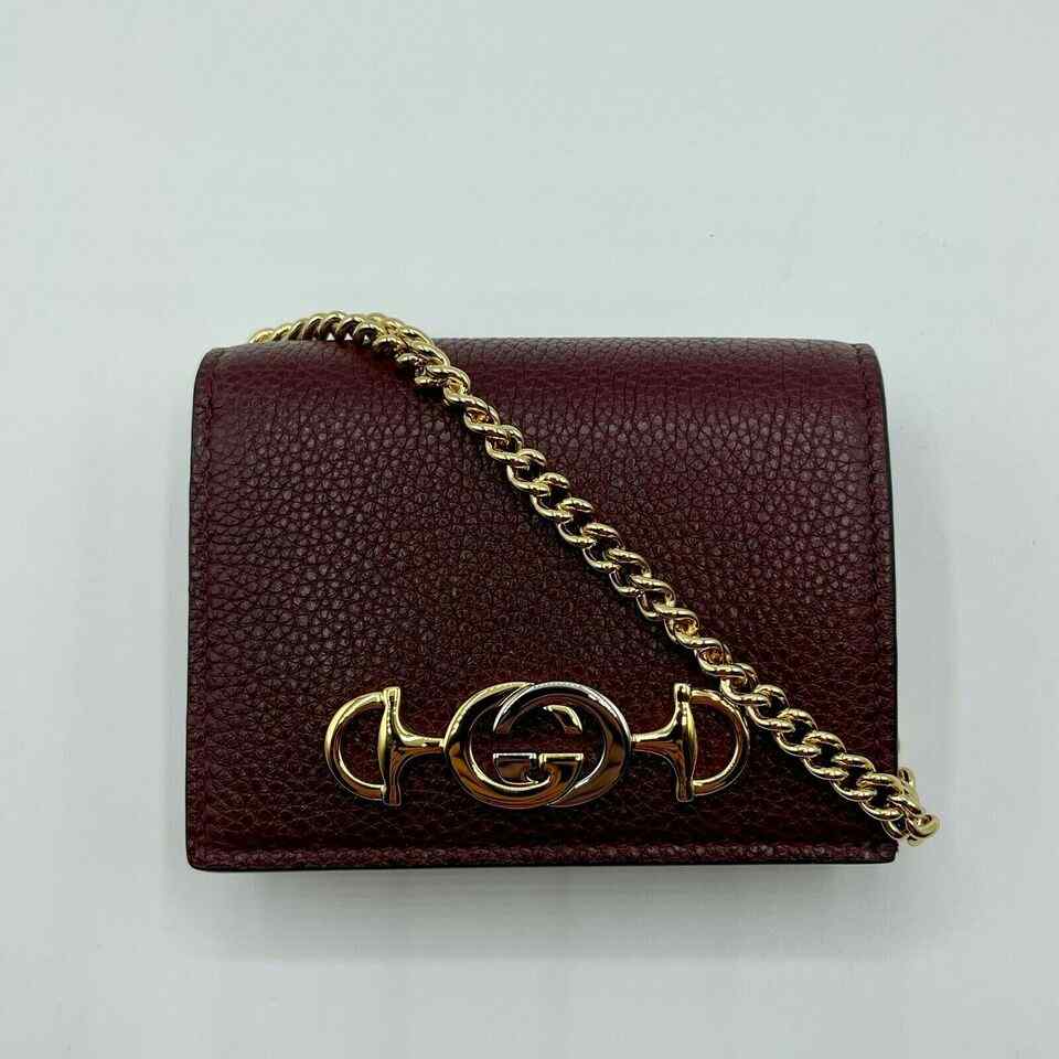 Gucci Zumi Burgundy Leather Gold Chain Bi-Fold  w/box Mini Wallet