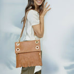 Hammitt Montana Saddle Brown Zip Suede Gold Reverse Leather Bag Handbag Purse NW
