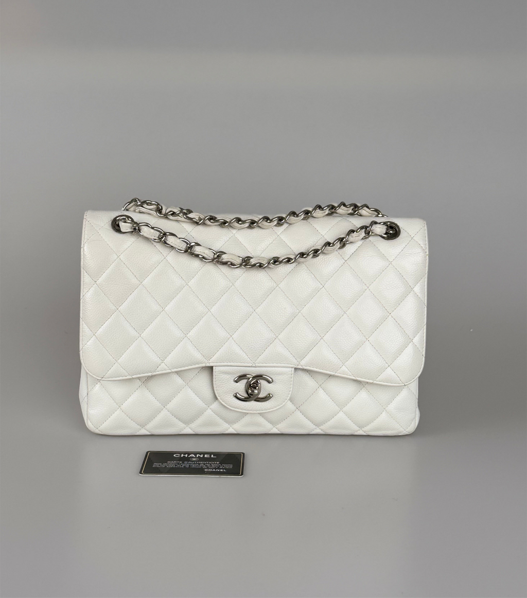 Chanel White Jumbo Classic Double Flap Bag in Caviar Leather with Silver Hardware