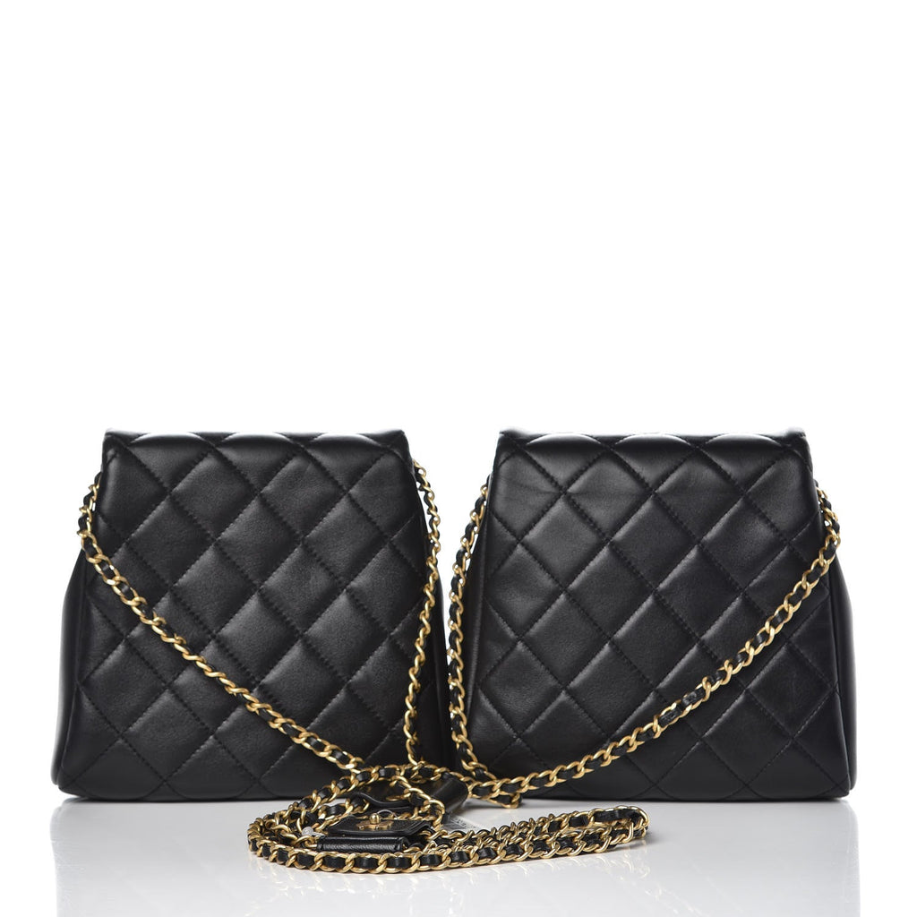 Chanel Lambskin Quilted Side Packs Black Small Double Bag with Pearls Chain with CC Logo