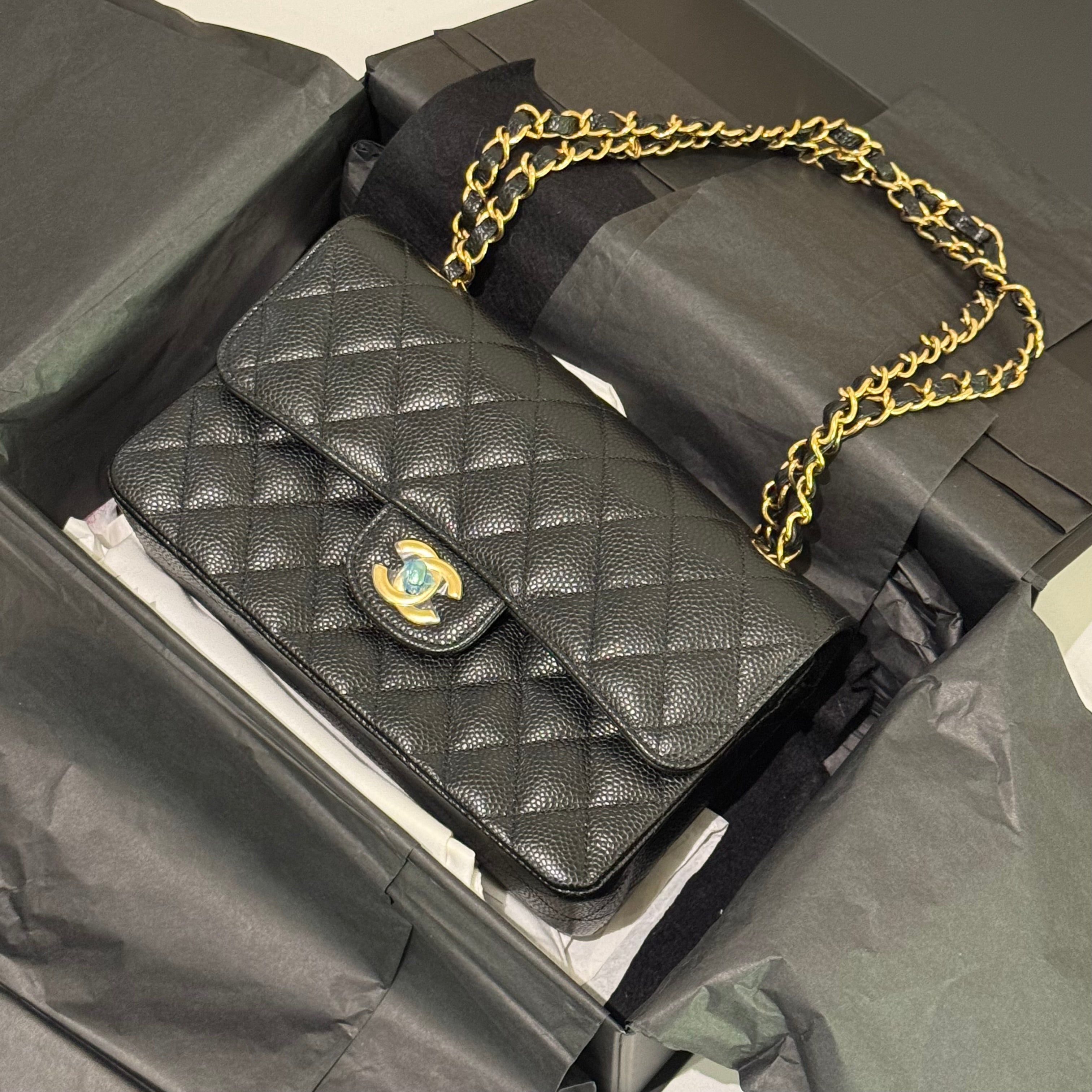 CHANEL CF SMALL BLACK CAVIAR LEATHER WITH GOLD HARDWARE – MICROCHIP MODEL