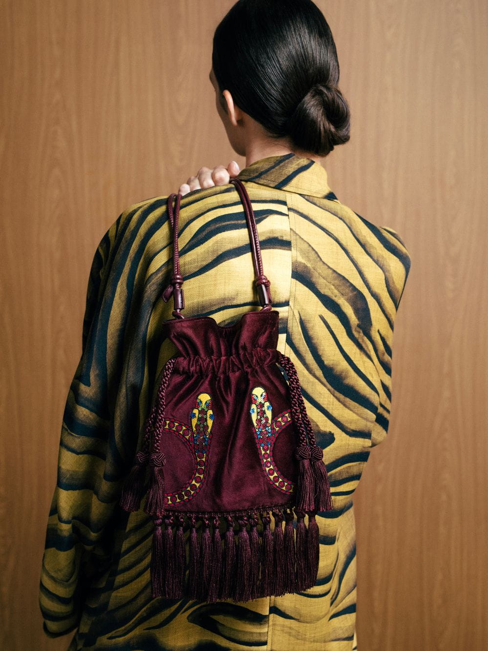 Fukuro Purple Embroidered Velvet Bag with Tassel