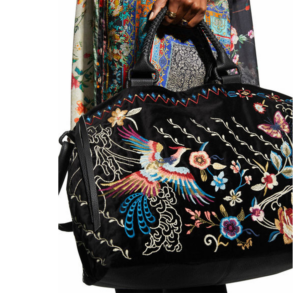 Johnny Was Dreamer Overnight Tote Bag Weekender Handbag Floral Purse Black NEW