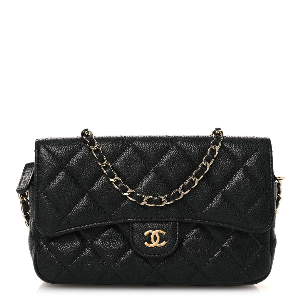 Caviar Quilted Flap Phone Holder With Chain Black