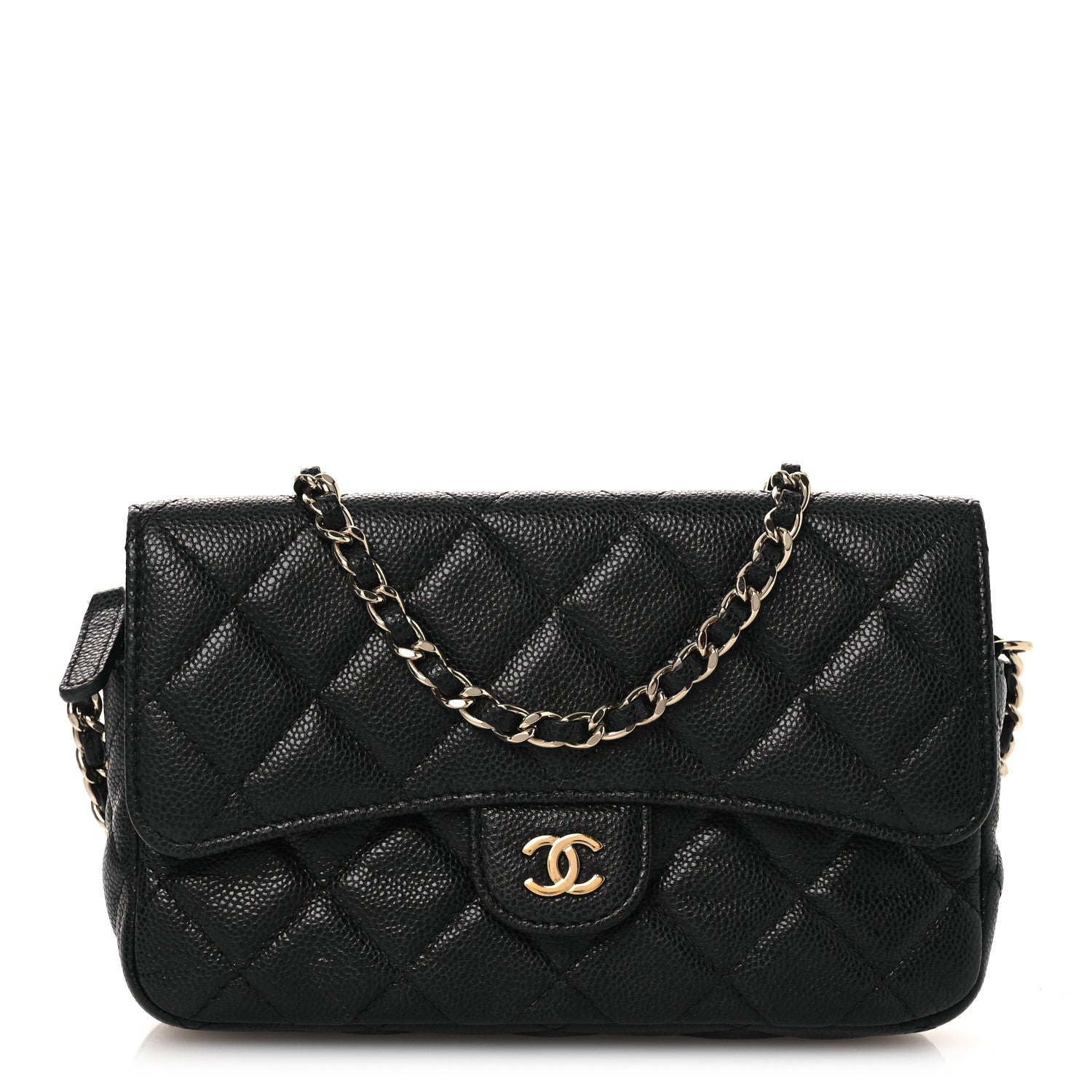 Caviar Quilted Flap Phone Holder With Chain Black