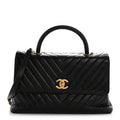 Calfskin Lizard Chevron Quilted Medium Coco Handle Flap Black