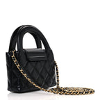 Shiny Aged Calfskin Quilted Mini Nano Kelly Shopper Black