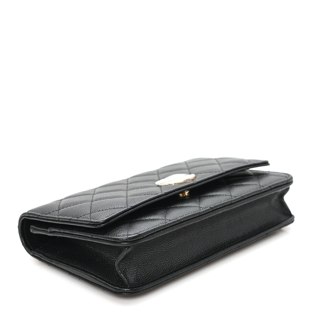 Caviar Quilted Crystal Heart CC Wallet On Chain WOC Black