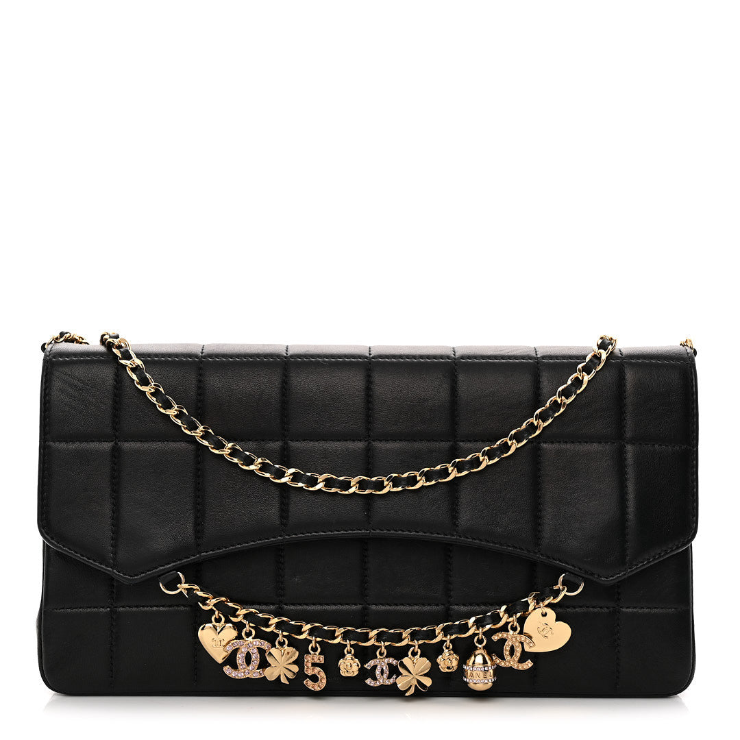 Lambskin Quilted Crystal Chocolate Bar Charm Flap Black