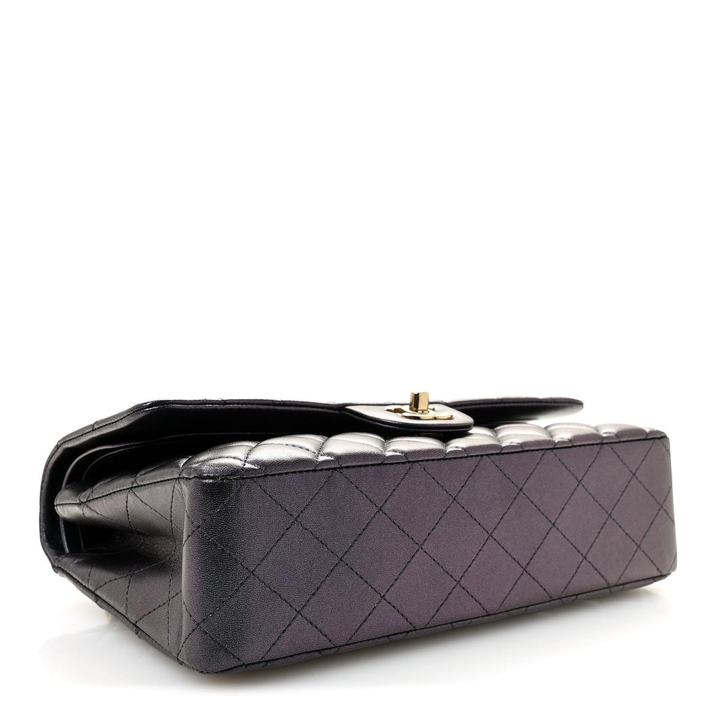 Iridescent Lambskin Quilted Medium Double Flap Black