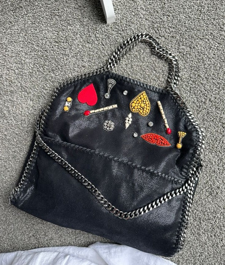 Stella Mccartney Falabella Heart Suede Embellished Tote Handbag Black Bag NEW