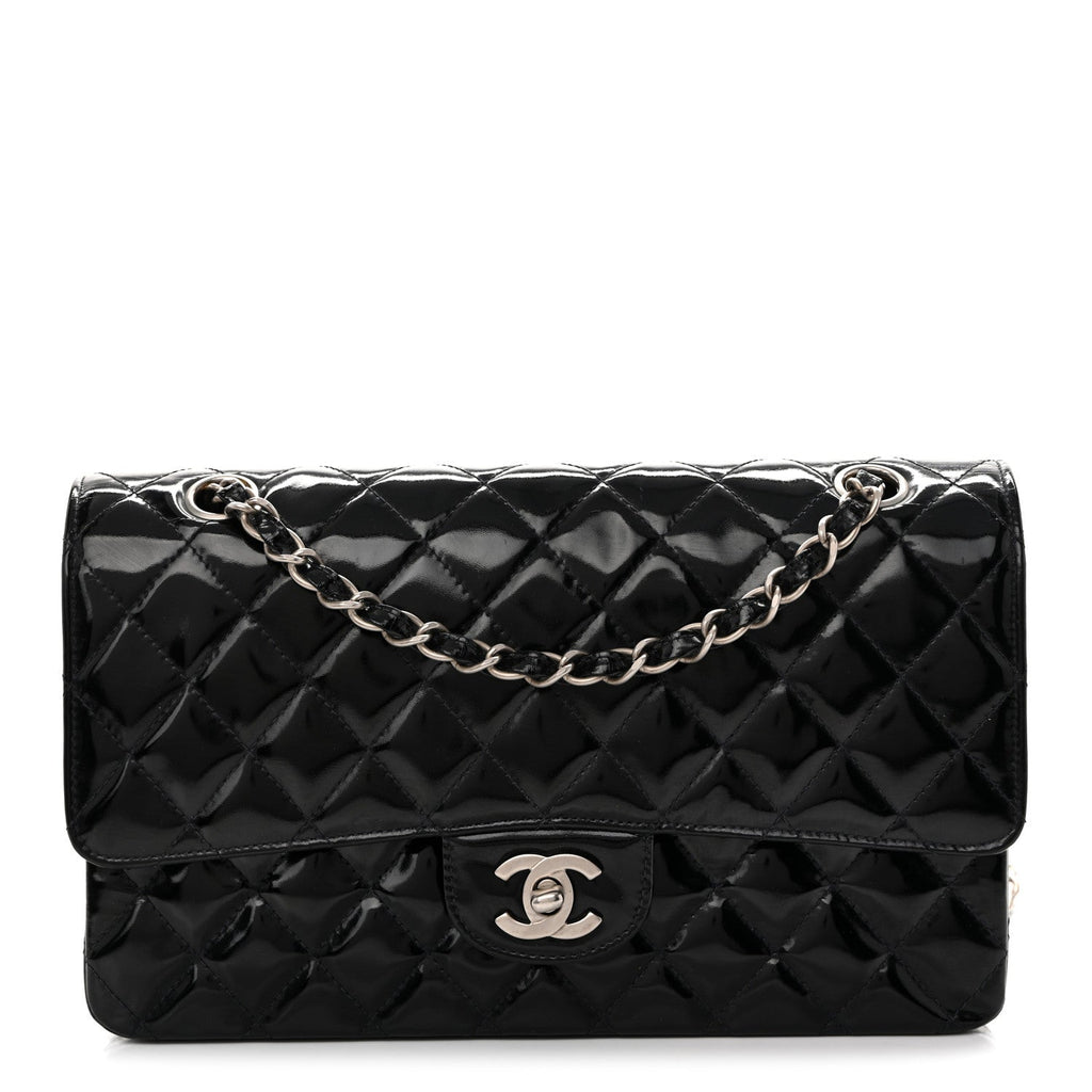 Glazed Calfskin Quilted Medium Double Flap Black